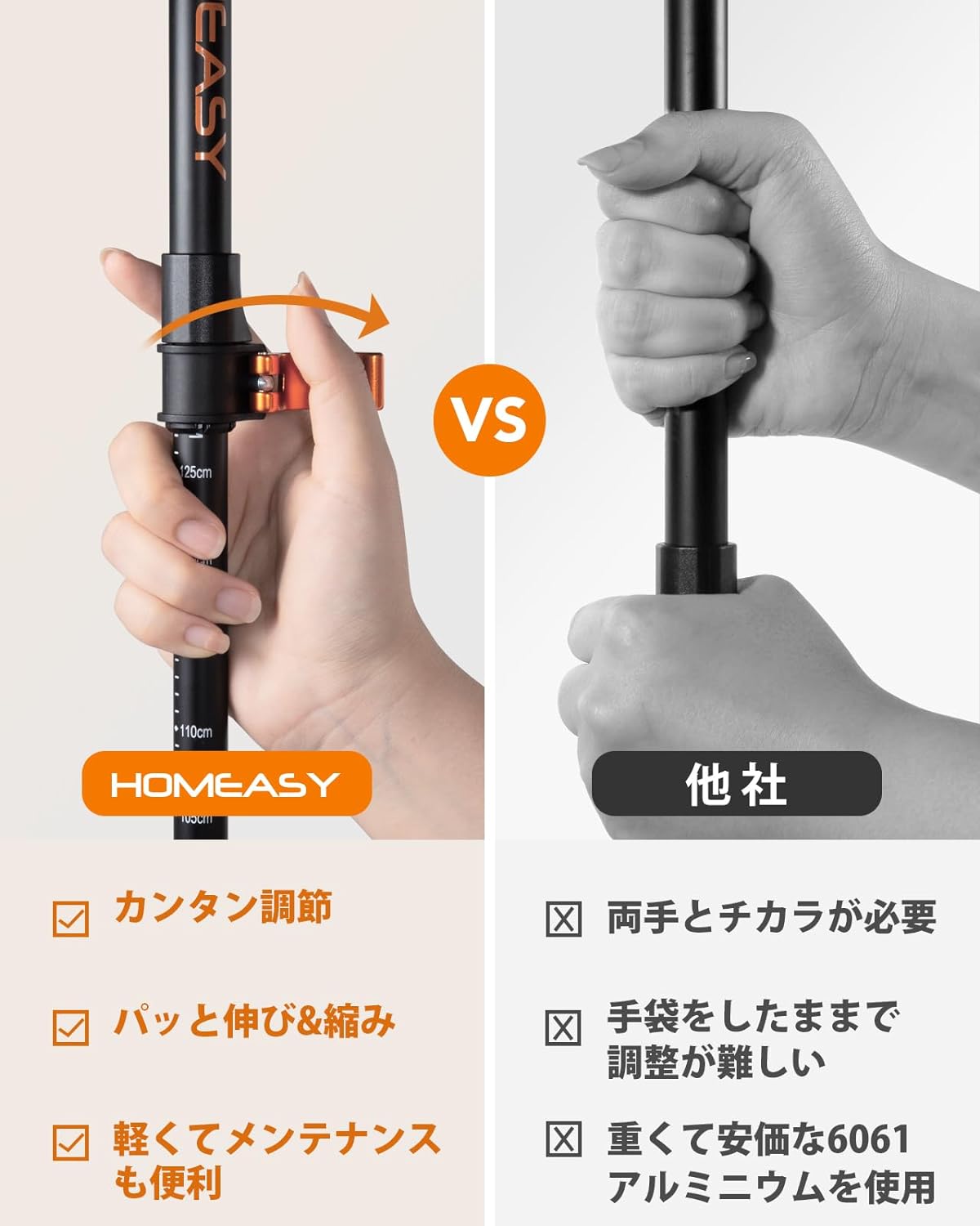 【登山ステッキ】HOMEASY トレッキングポール 登山ストック 2本セット 超轻量 アルミ製 ウォーキングポール コルク素材グリップ 63-135cm伸縮可 登山杖 男性 女性 子供 高齢者 6種類の付属品付 コンパクト ステッキ 収納袋付き