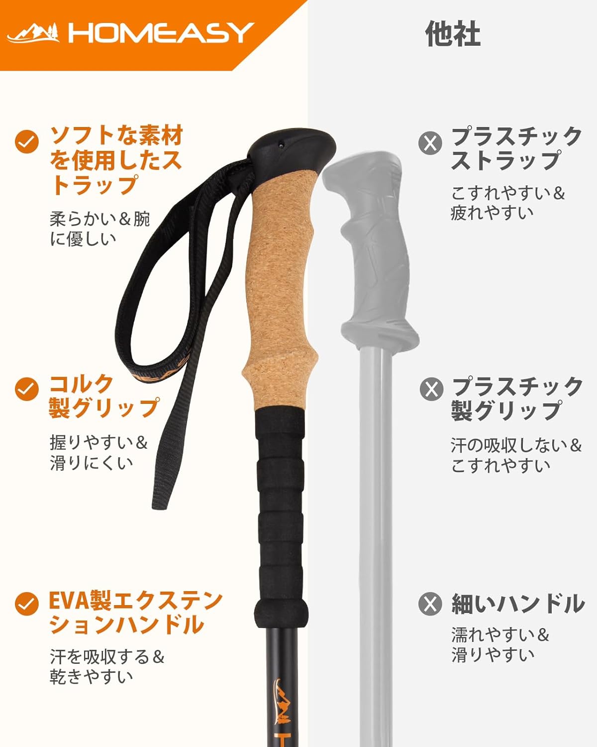 【登山ステッキ】HOMEASY トレッキングポール 登山ストック 2本セット 超轻量 アルミ製 ウォーキングポール コルク素材グリップ 63-135cm伸縮可 登山杖 男性 女性 子供 高齢者 6種類の付属品付 コンパクト ステッキ 収納袋付き