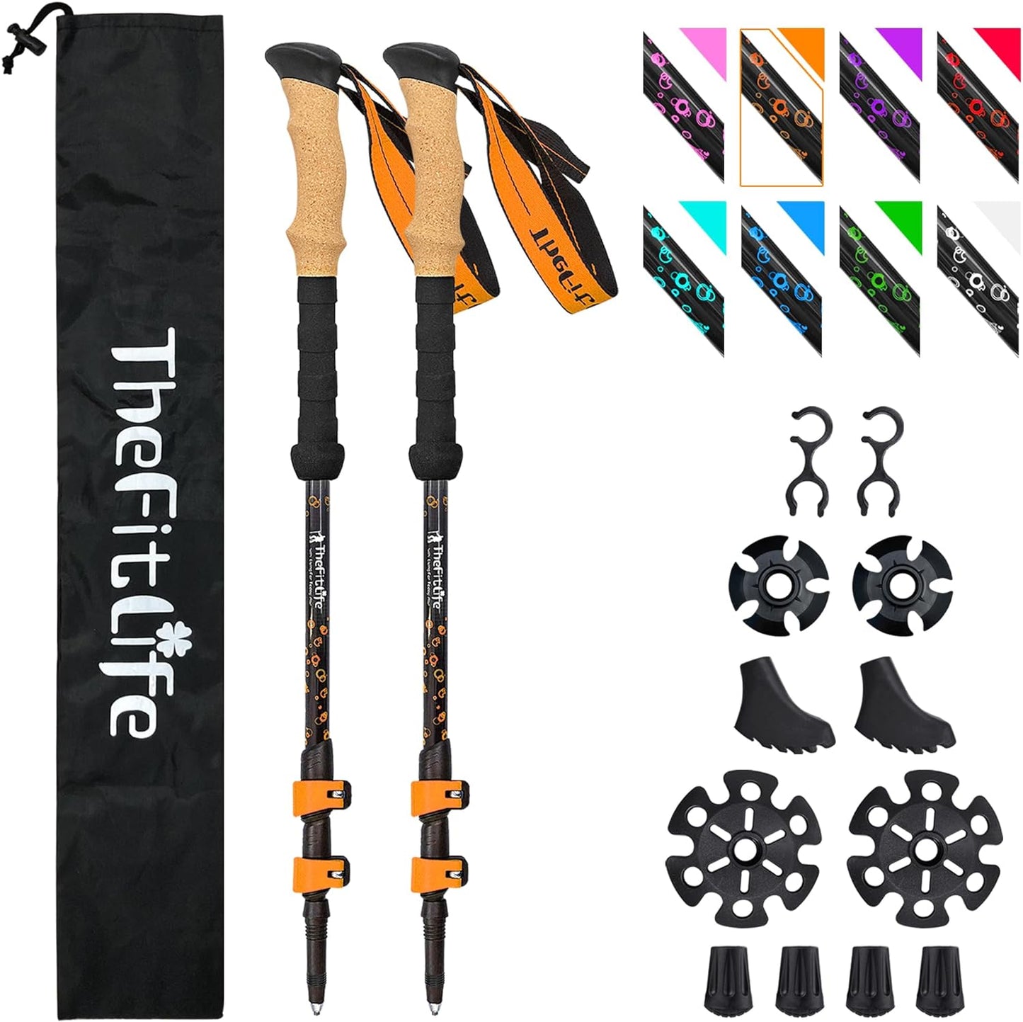 【登山ステッキ】TheFitLife トレッキングポール カーボン 2本セット バランスを保つ 登山用ストック コルク素材グリップ ウォーキングポール 男性 女性 子供 高齢者 6種類の付属品付 登山杖 手が疲れない ウォーキングステッキ キャップ脱落防止 ハイキングポール