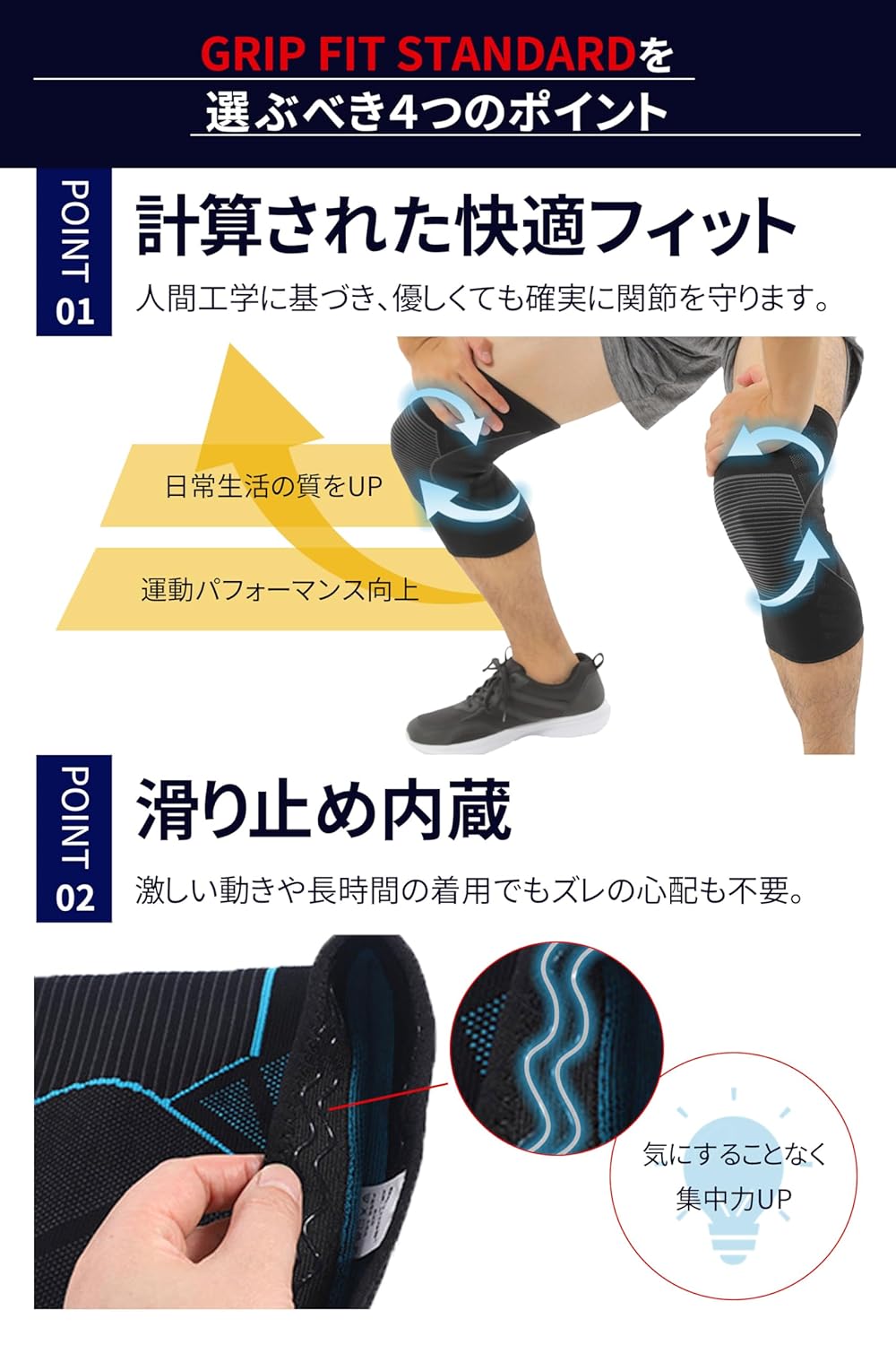 【膝サポーター】滑り止め付き 着圧 膝サポーター 2枚入り 伸縮 登山 スポーツ ひざ用 固定 男女兼用 (M, ブラック)