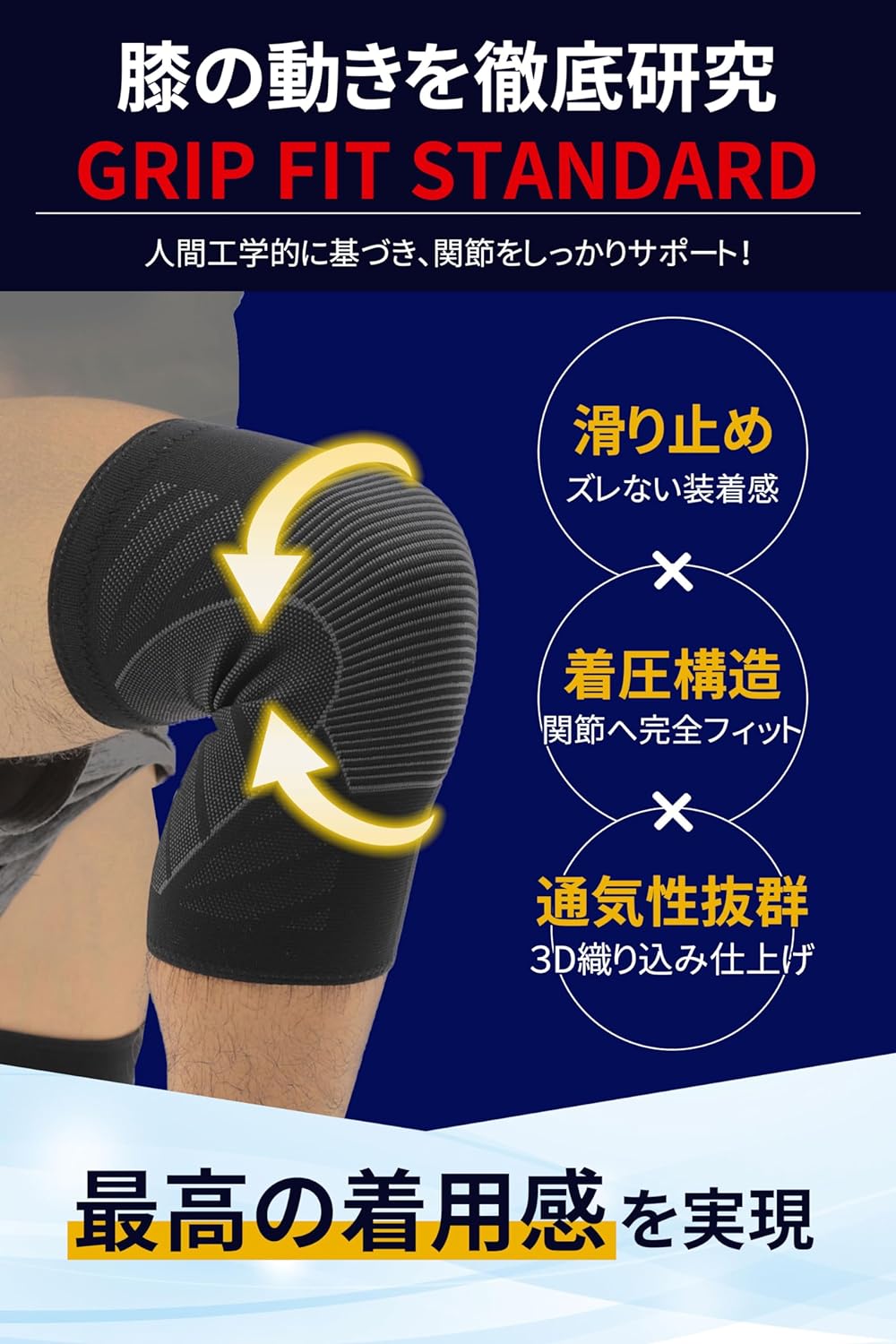 【膝サポーター】滑り止め付き 着圧 膝サポーター 2枚入り 伸縮 登山 スポーツ ひざ用 固定 男女兼用 (M, ブラック)