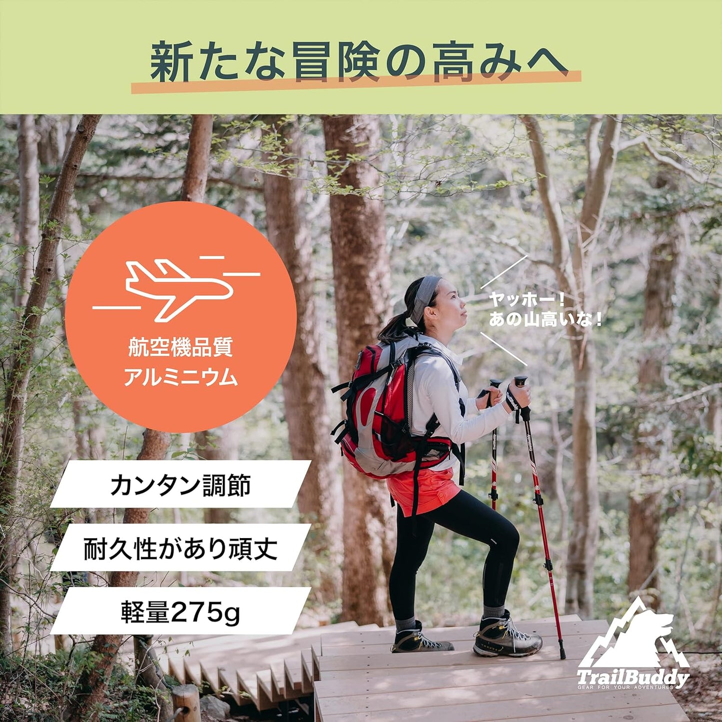 【登山】TrailBuddy トレッキングポール 2本セット 登山用ストック 軽量アルミ製 航空機品質 ウォーキングポール 登山杖 伸縮可能 フリップロック コルクグリップ パット入りストラップ 疲れにくい 収納袋付き 各種付属品付き